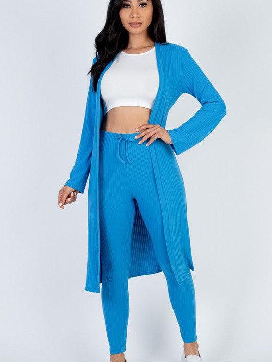 Blue Ribbed Cardigan & Pants Set-Medium-Blue-Abundance Junky Stylish Clothing Boutique for Women