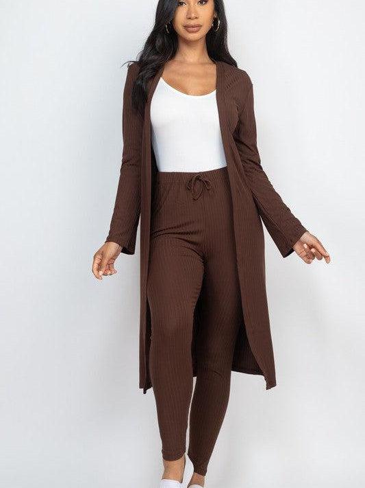 Brown Ribbed Cardigan & Pants Set | Plus-Abundance Junky Stylish Clothing Boutique for Women