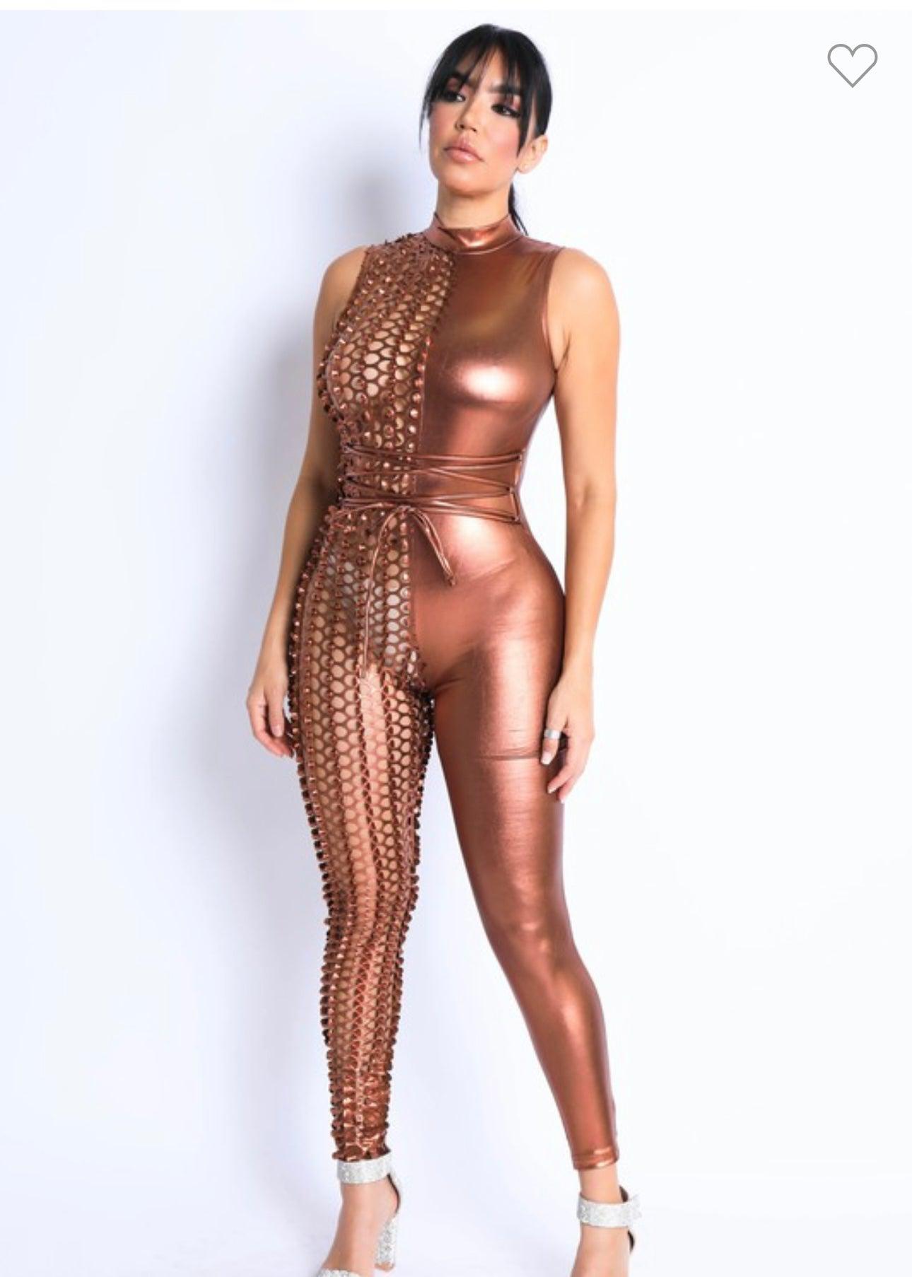 Laser Cut Jumpsuit Bronze-Abundance Junky Stylish Clothing Boutique for Women
