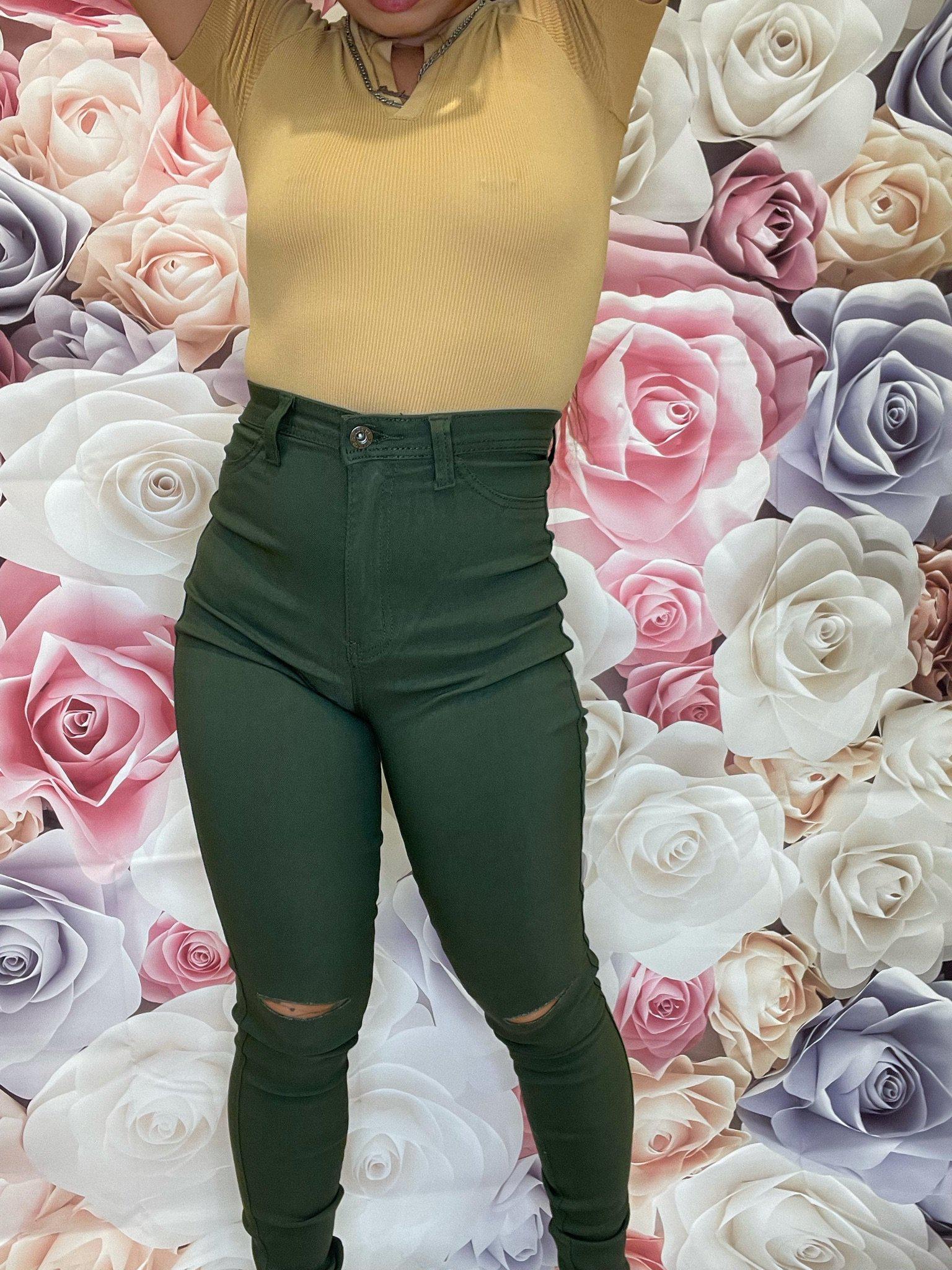 Olive Knee Slit Jeans-Abundance Junky Stylish Clothing Boutique for Women