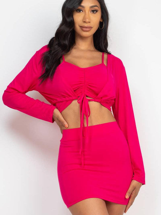Ruched 3pc Set with Cadigan Pink-Pink-Small-Abundance Junky Stylish Clothing Boutique for Women